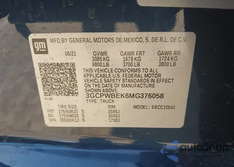2021 Chevrolet Silverado 1500 2Wd Short Bed Custom z USA, uszkodzony, nr VIN 3GCPWBEK6MG376058